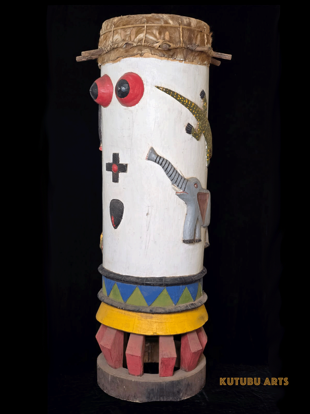 Fon fertility drum female with carved animals and genitalia from Benin, West Africa, African tribal art, Kutubu Arts