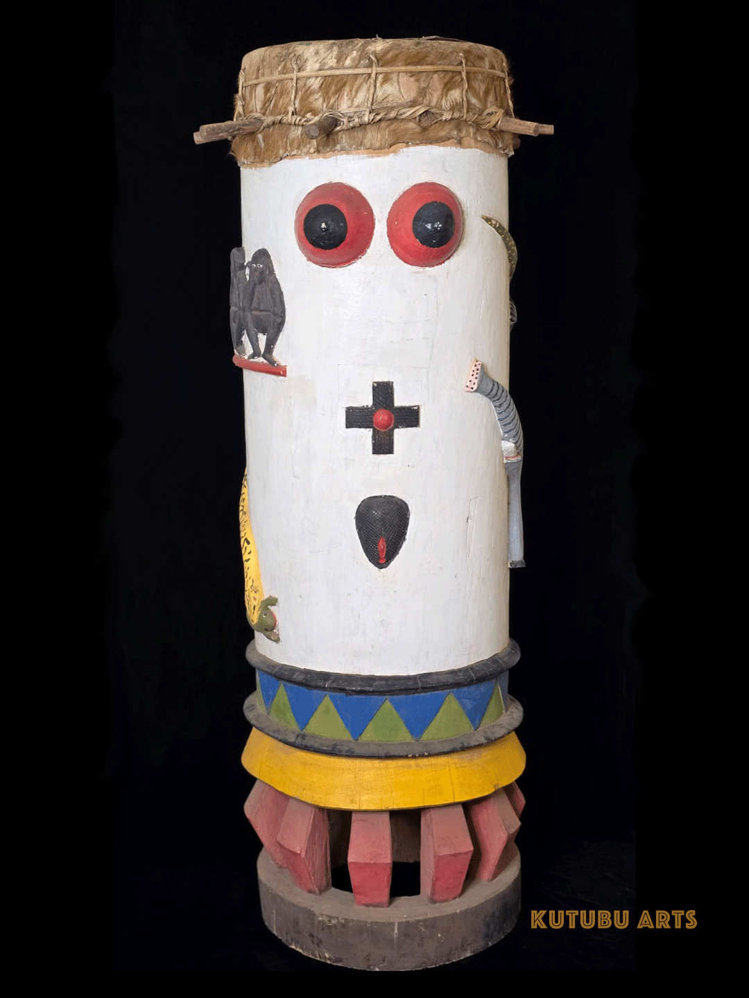 Fon fertility drum female with carved animals and genitalia from Benin, West Africa, African tribal art, Kutubu Arts