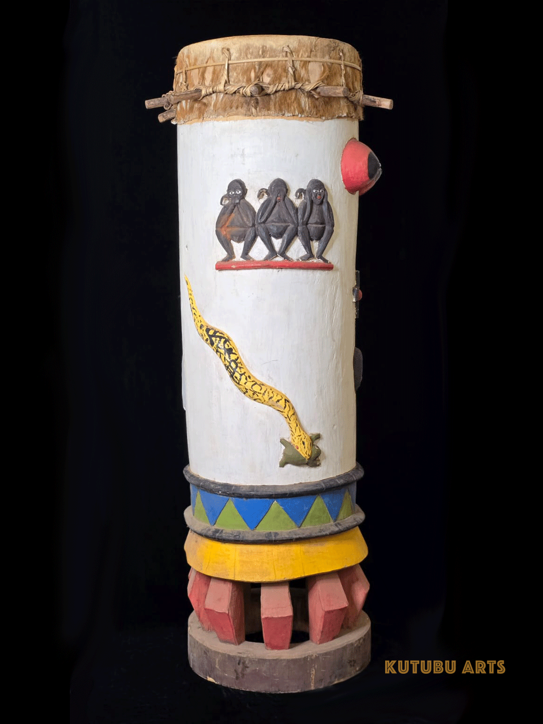 Fon fertility drum female with carved animals and genitalia from Benin, West Africa, African tribal art, Kutubu Arts