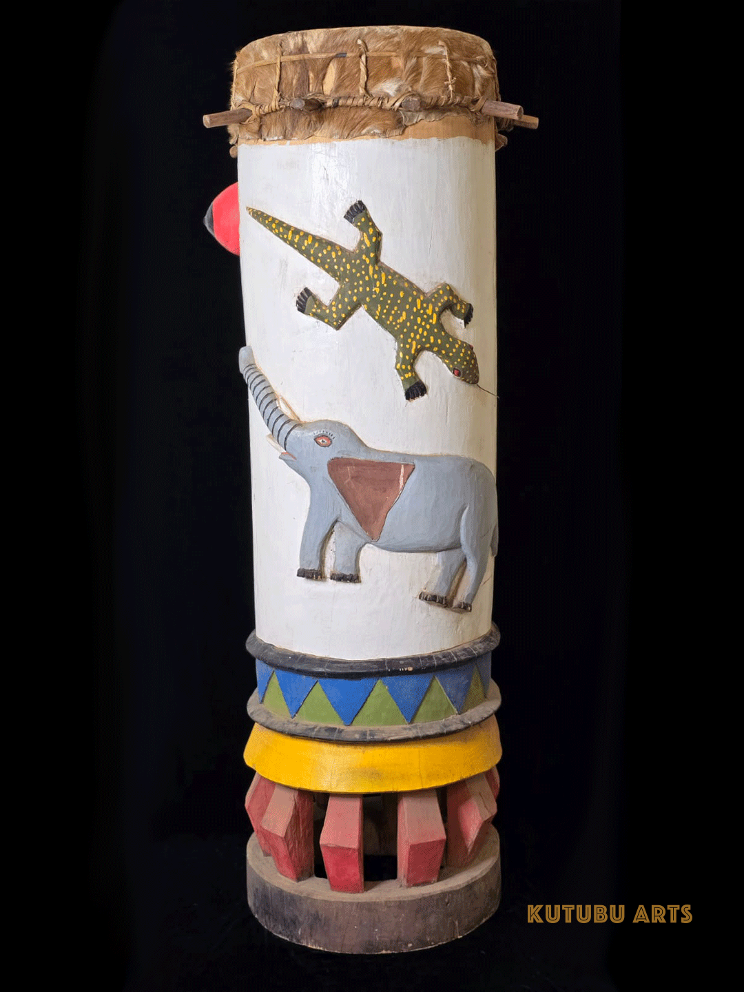 Fon fertility drum female with carved animals and genitalia from Benin, West Africa, African tribal art, Kutubu Arts