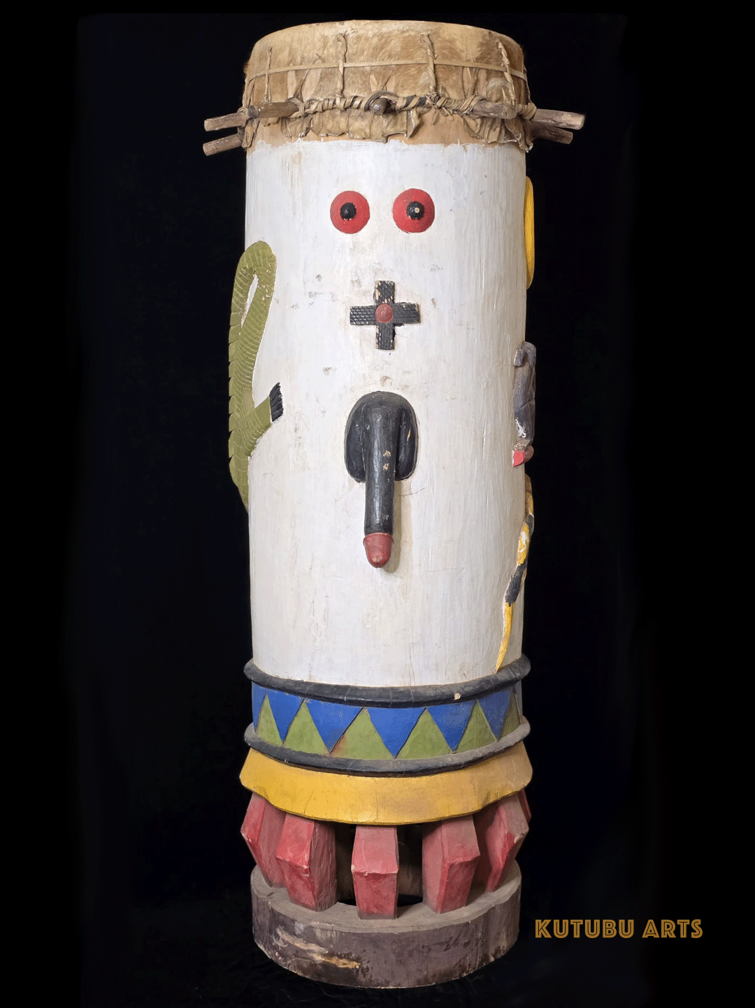 Fon fertility drum male with carved animals and genitalia from Benin, West Africa, African tribal art, Kutubu Arts