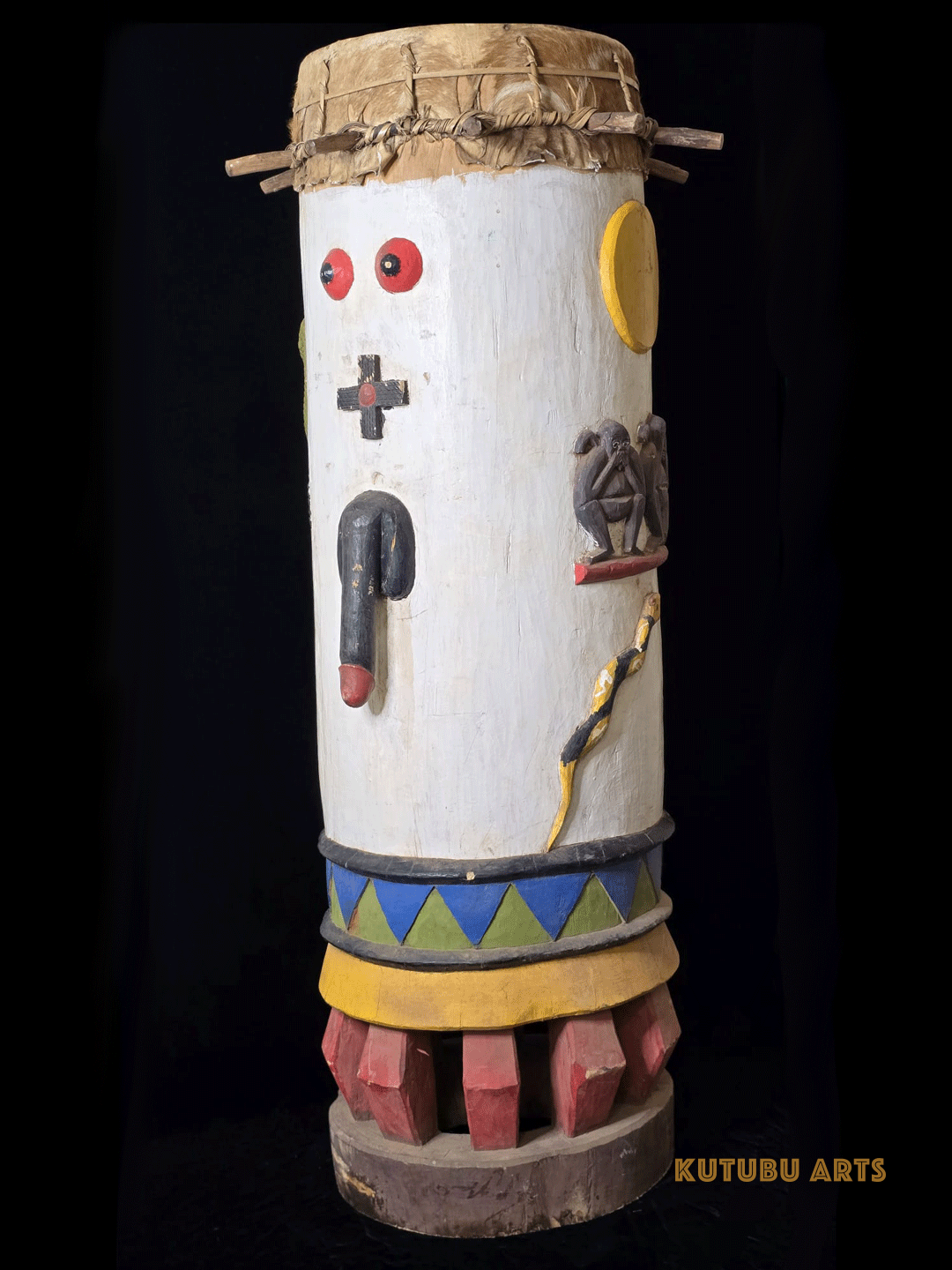 Fon fertility drum male with carved animals and genitalia from Benin, West Africa, African tribal art, Kutubu Arts