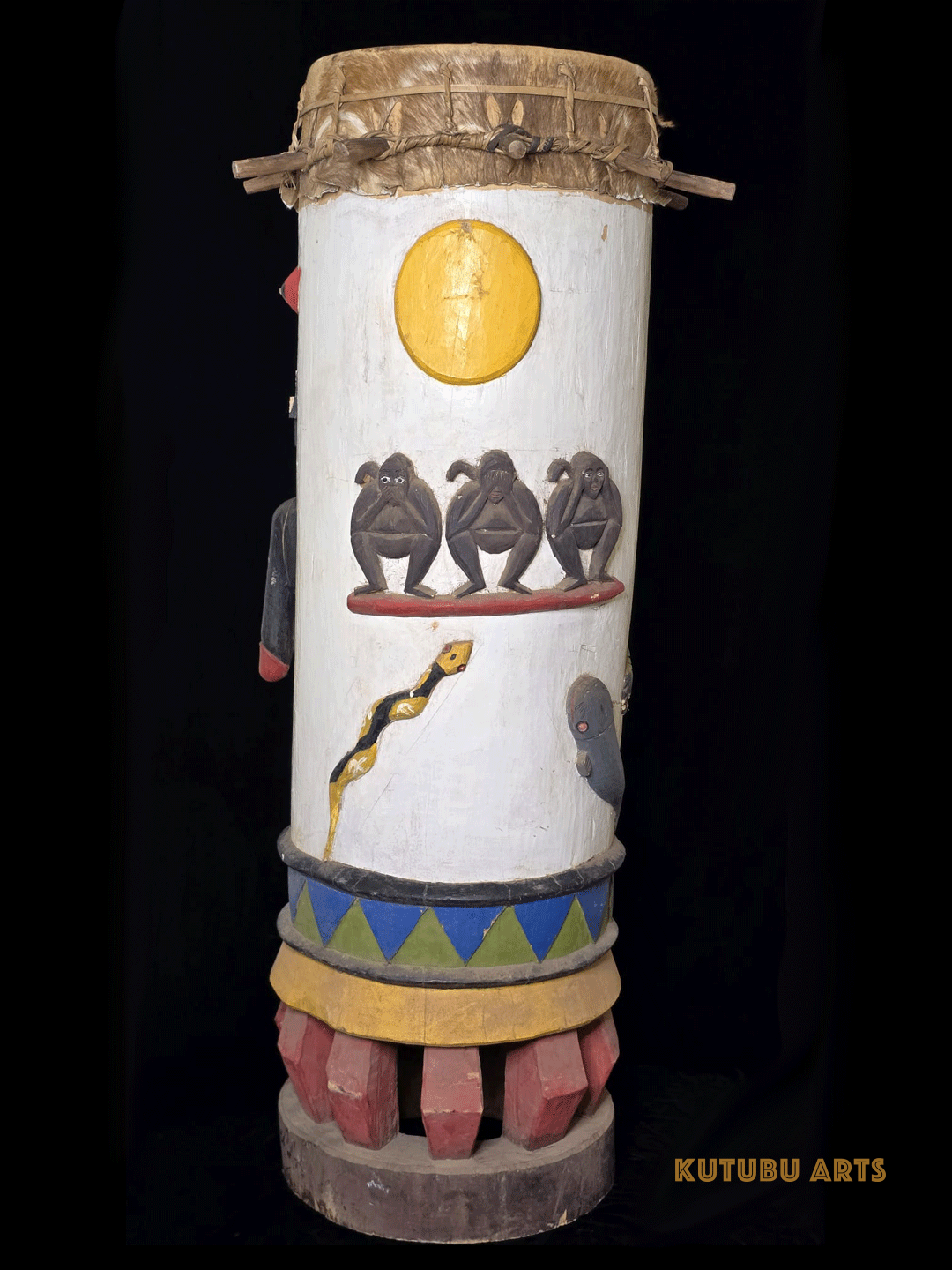 Fon fertility drum male with carved animals and genitalia from Benin, West Africa, African tribal art, Kutubu Arts