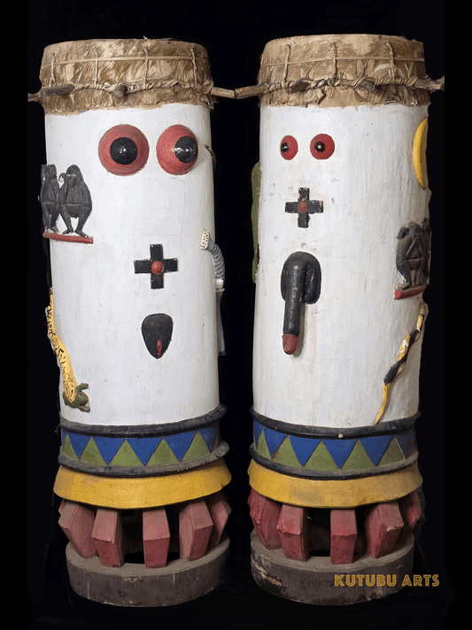 Fon fertility drums male and female with carved animals and genitalia from Benin, West Africa, African tribal art, Kutubu Arts