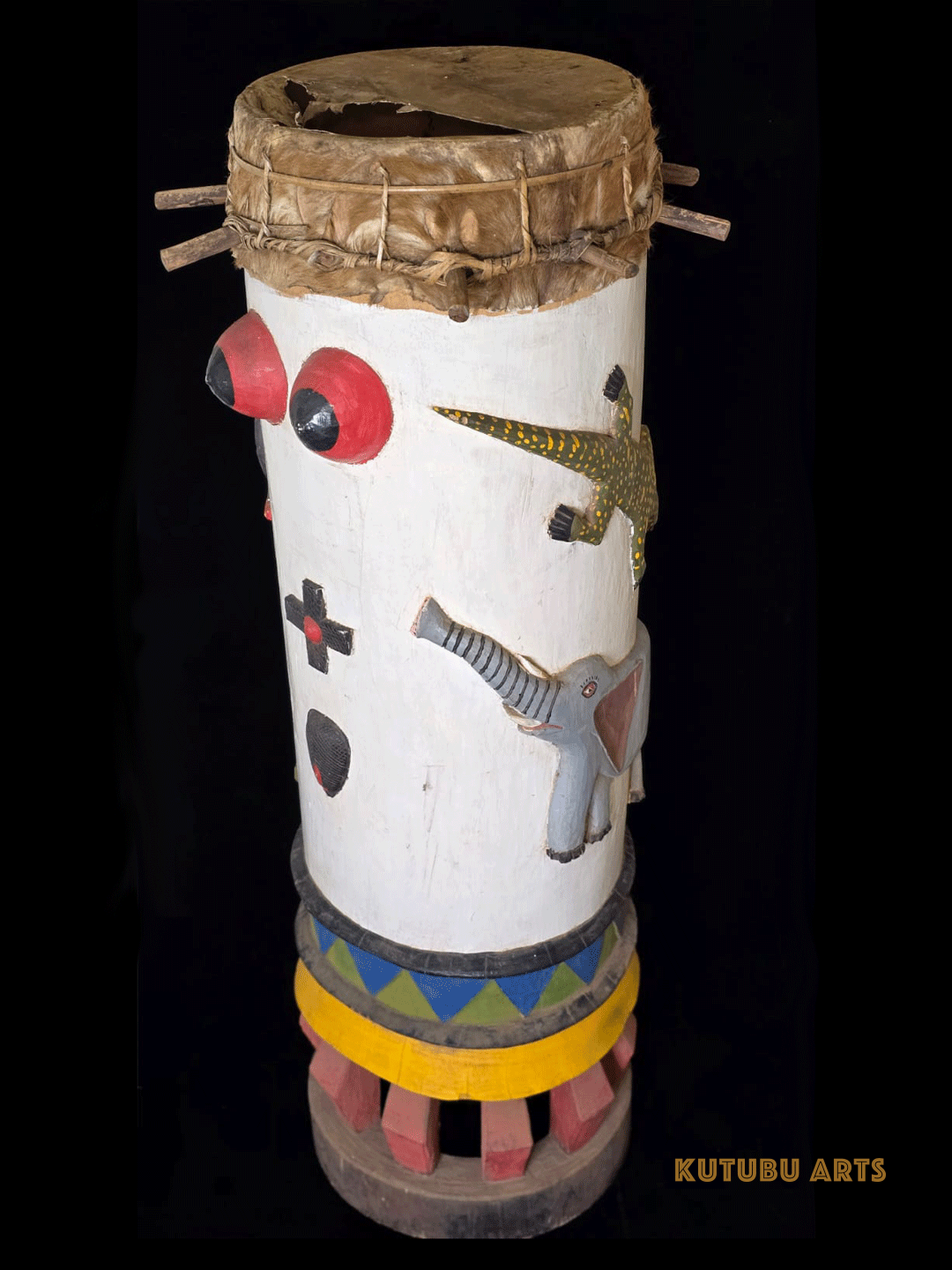 Fon fertility drum female with carved animals and genitalia from Benin, West Africa, African tribal art, Kutubu Arts