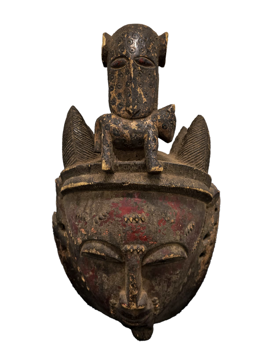 Ceremonial Leopard secret society mask with cub in mouth from Baule tribe, Ivory Coast, West Africa, African tribal art, Kutubu Arts