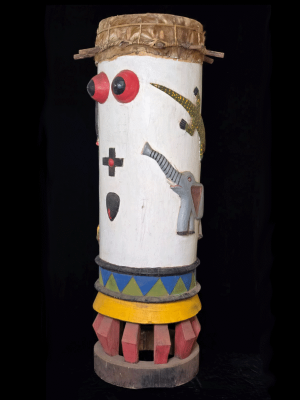Fon fertility drums male and female with carved animals and genitalia from Benin, West Africa, African tribal art, Kutubu Arts