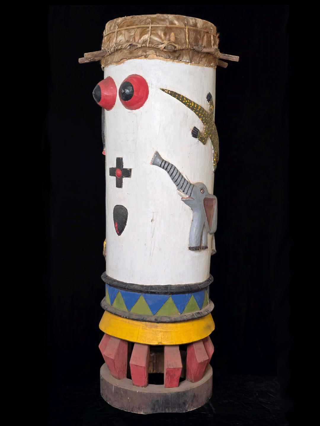 Fon fertility drums male and female with carved animals and genitalia from Benin, West Africa, African tribal art, Kutubu Arts