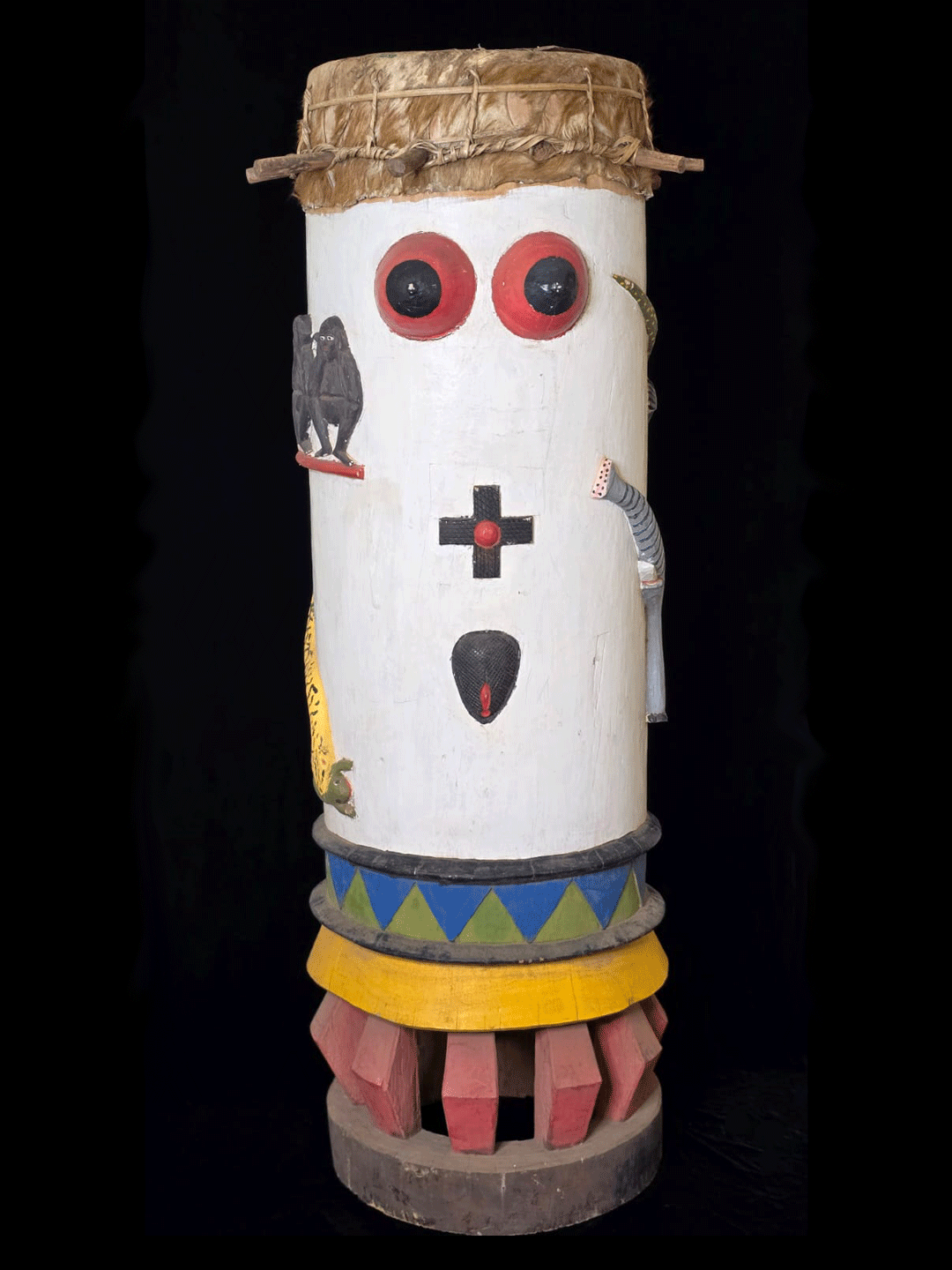 Fon fertility drums male and female with carved animals and genitalia from Benin, West Africa, African tribal art, Kutubu Arts