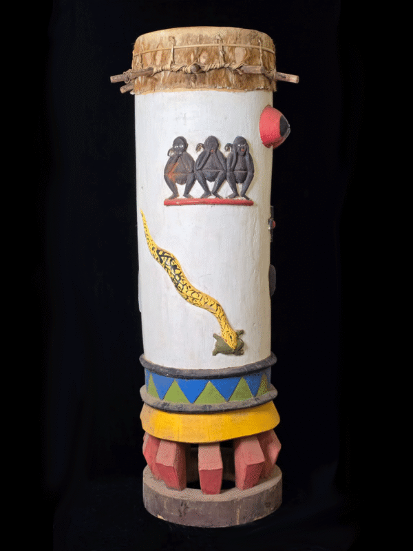 Fon fertility drums male and female with carved animals and genitalia from Benin, West Africa, African tribal art, Kutubu Arts