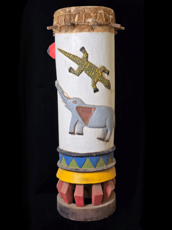 Fon fertility drums male and female with carved animals and genitalia from Benin, West Africa, African tribal art, Kutubu Arts