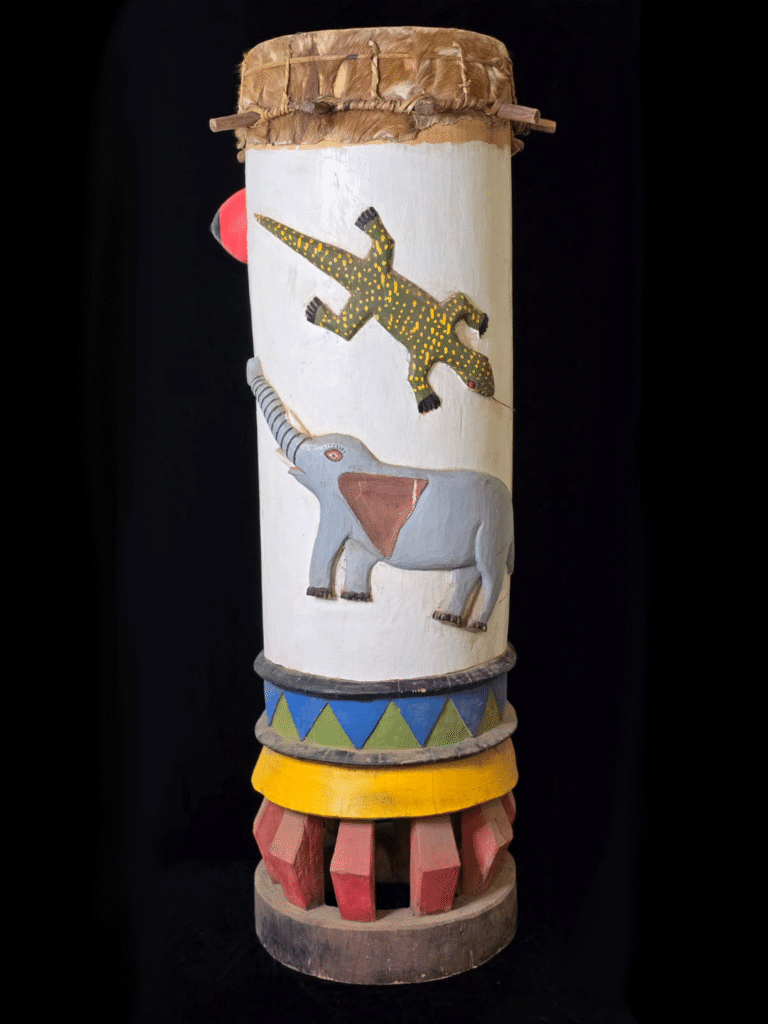 Fon fertility drums male and female with carved animals and genitalia from Benin, West Africa, African tribal art, Kutubu Arts