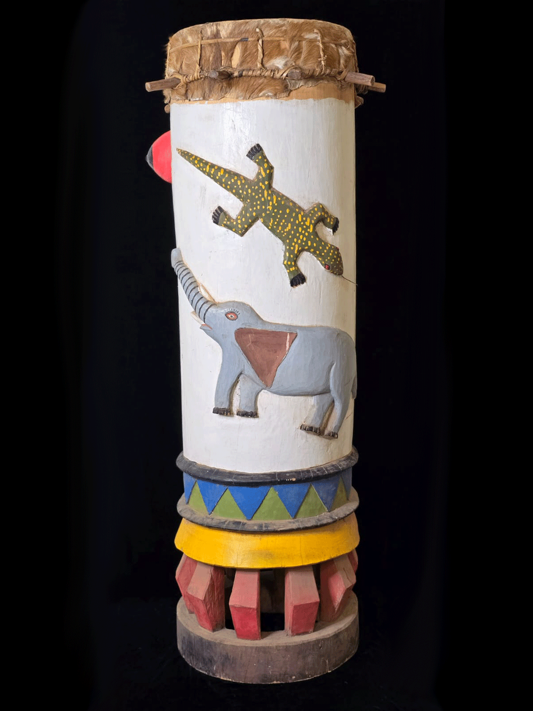 Fon fertility drums male and female with carved animals and genitalia from Benin, West Africa, African tribal art, Kutubu Arts