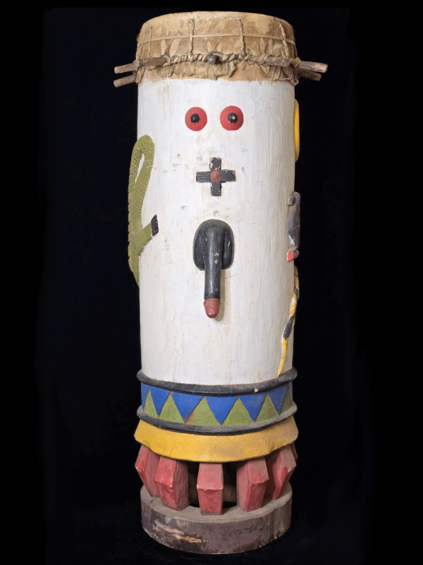 Fon fertility drums male and female with carved animals and genitalia from Benin, West Africa, African tribal art, Kutubu Arts