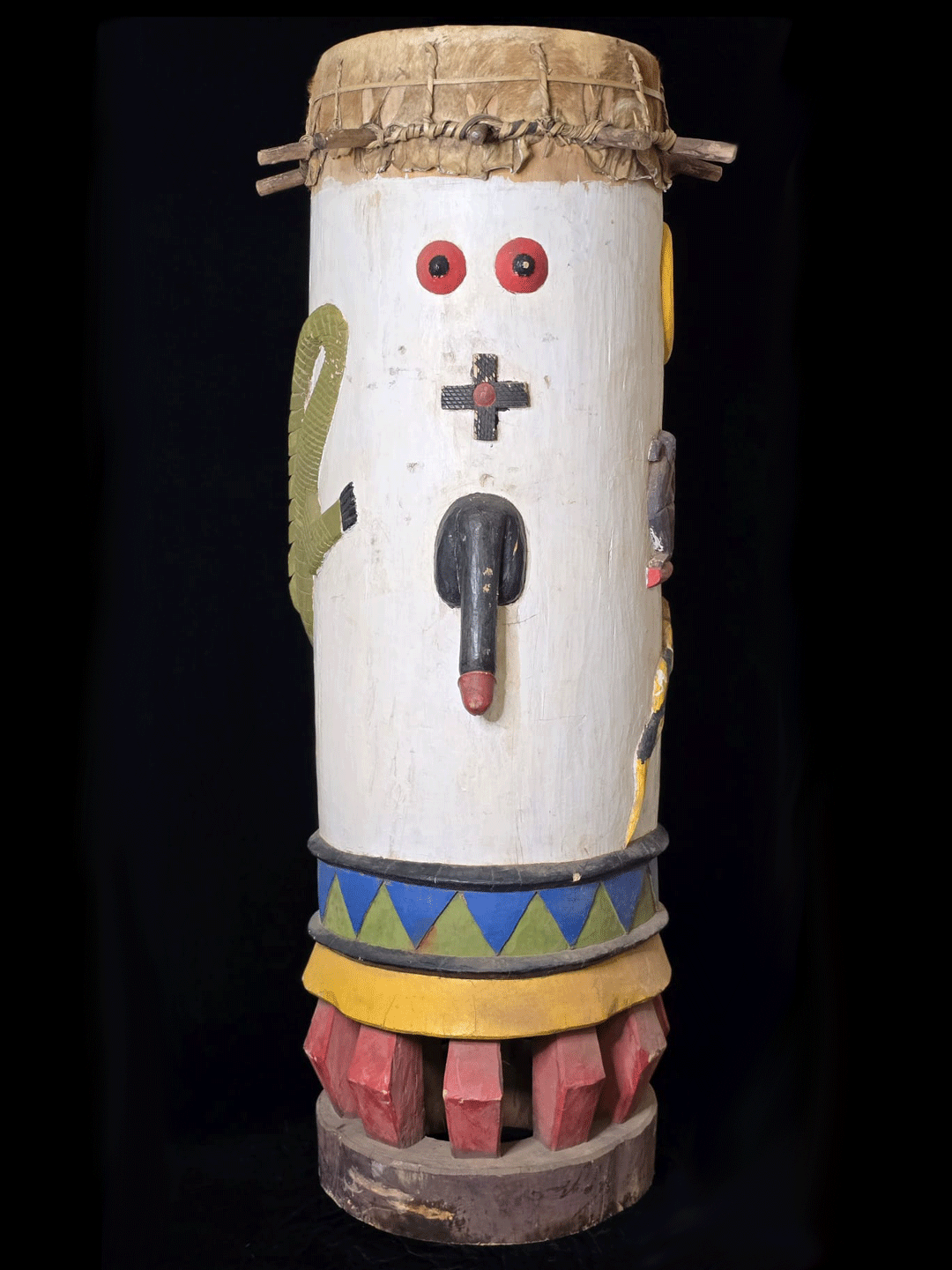 Fon fertility drums male and female with carved animals and genitalia from Benin, West Africa, African tribal art, Kutubu Arts