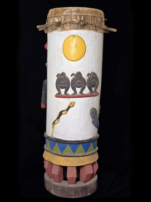 Fon fertility drums male and female with carved animals and genitalia from Benin, West Africa, African tribal art, Kutubu Arts