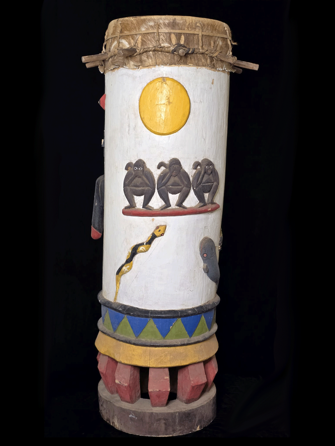 Fon fertility drums male and female with carved animals and genitalia from Benin, West Africa, African tribal art, Kutubu Arts
