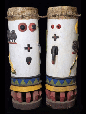 Fon fertility drums male and female with carved animals and genitalia from Benin, West Africa, African tribal art, Kutubu Arts
