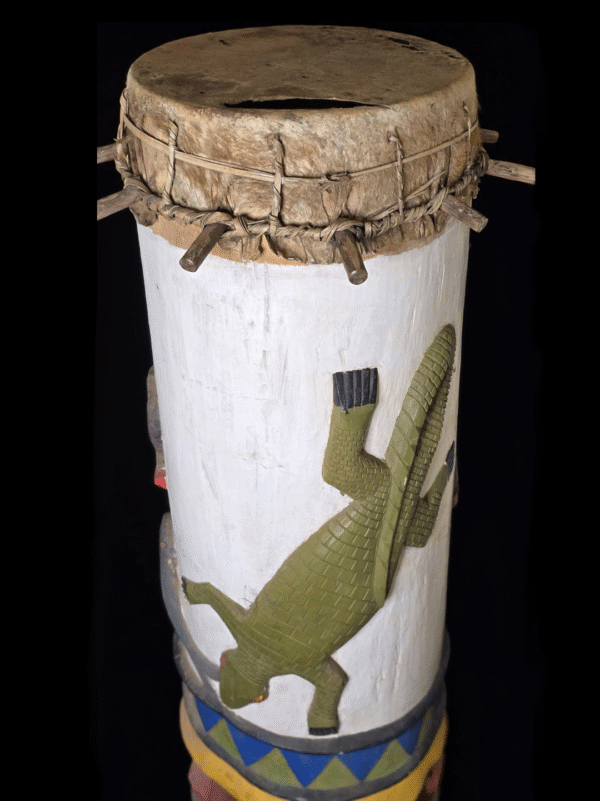 Fon fertility drums male and female with carved animals and genitalia from Benin, West Africa, African tribal art, Kutubu Arts