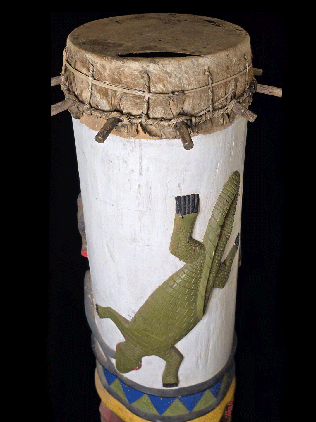 Fon fertility drums male and female with carved animals and genitalia from Benin, West Africa, African tribal art, Kutubu Arts