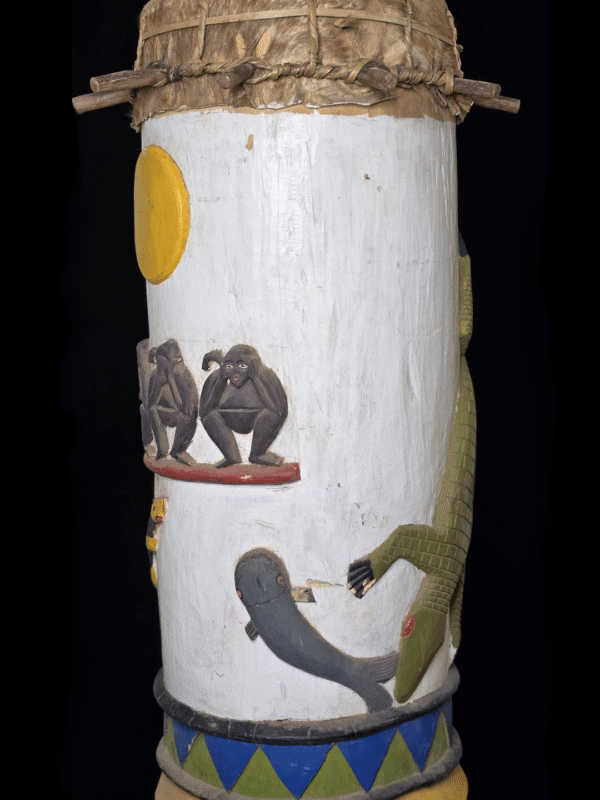 Fon fertility drums male and female with carved animals and genitalia from Benin, West Africa, African tribal art, Kutubu Arts