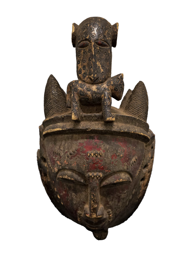 Ceremonial Leopard secret society mask with cub in mouth from Baule tribe, Ivory Coast, West Africa, African tribal art, Kutubu Arts