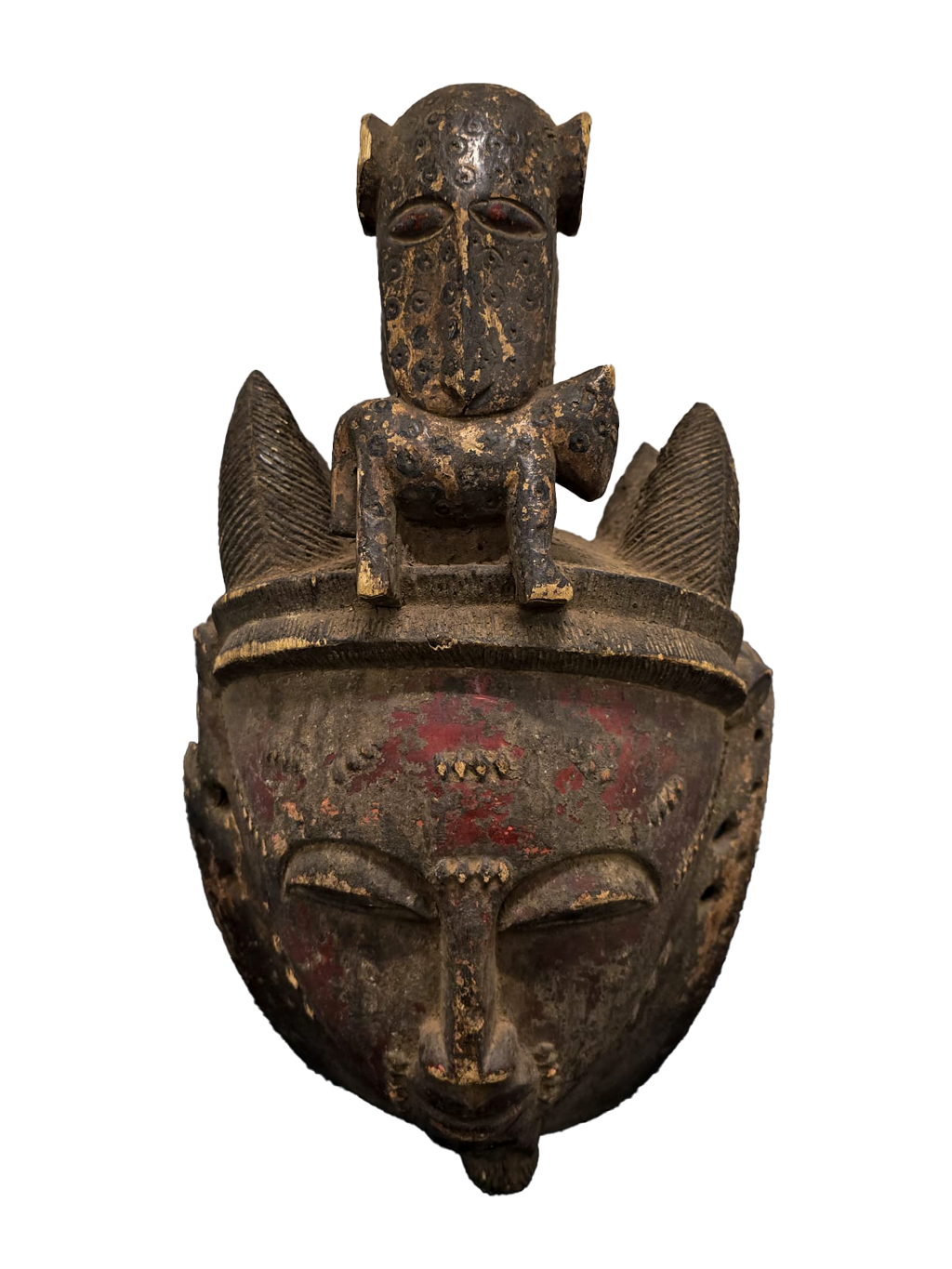 Ceremonial Leopard secret society mask with cub in mouth from Baule tribe, Ivory Coast, West Africa, African tribal art, Kutubu Arts