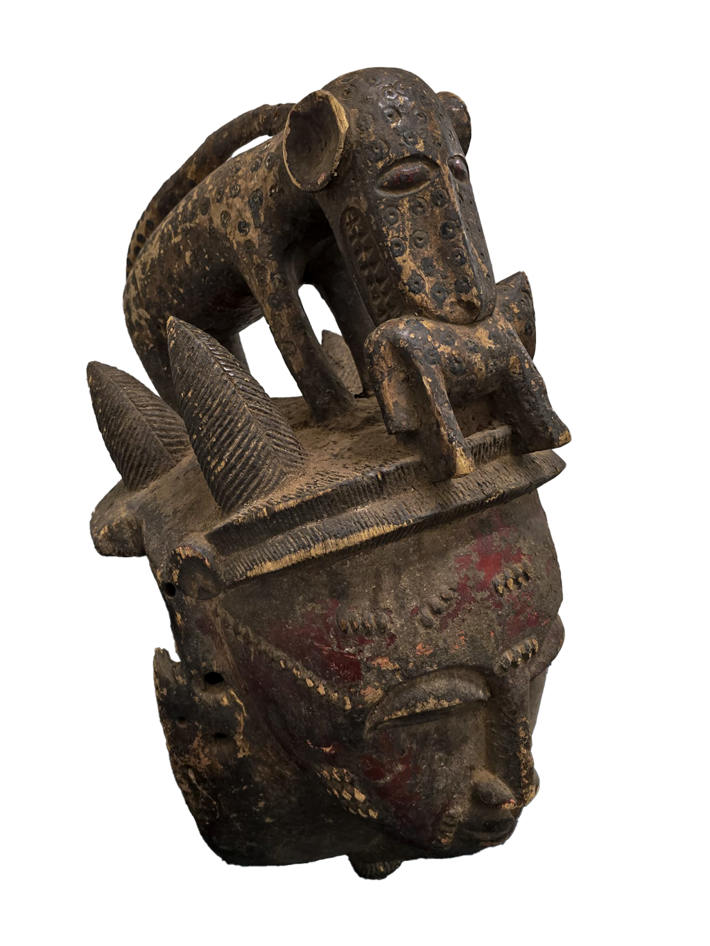 Ceremonial Leopard secret society mask with cub in mouth from Baule tribe, Ivory Coast, West Africa, African tribal art, Kutubu Arts