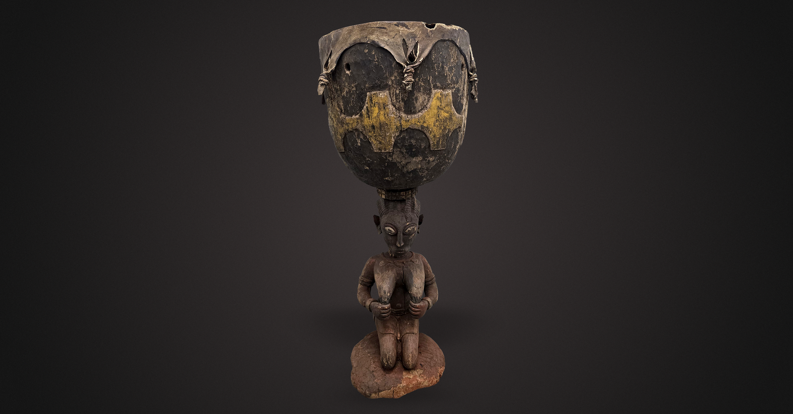 Baga female A-ndef ceremonial drum holding breasts, African tribal art, Kutubu Arts