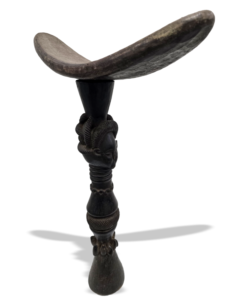 Mende rare wooden headrest with female bust, African tribal art, Kutubu Arts