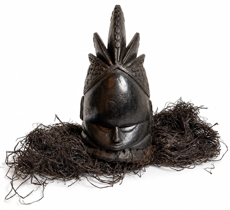 Mende Sowei Bundu Sande helmet mask with raffia